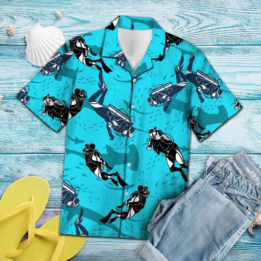 Deep Blue Sea Scuba Driving With Shark Pattern Hawaiian Shirt, Hawaiian Shirt Gift, Christmas Gift