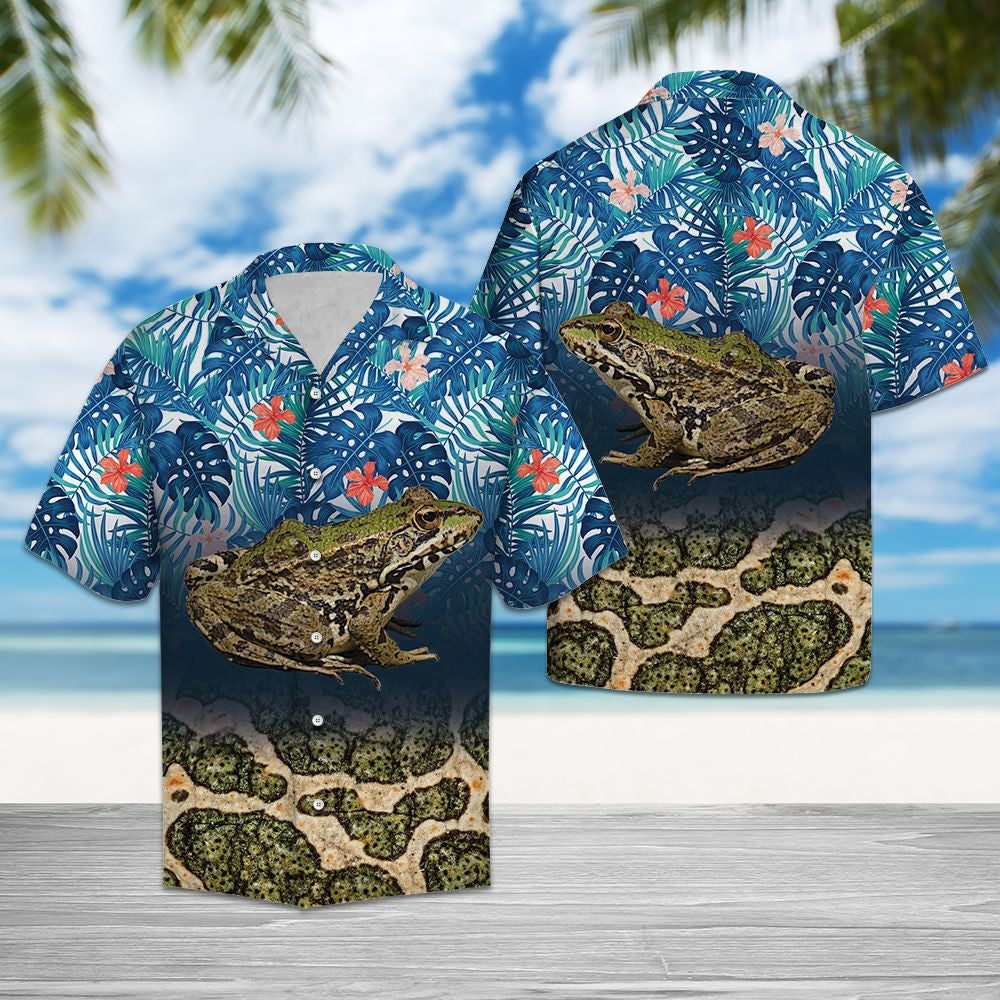 Deep Green Frog With Blue Monstera Leaves Hawaiian Shirt, Hawaiian Shirt Gift, Christmas Gift