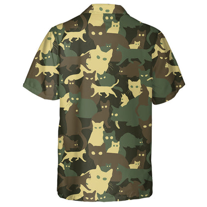 Green Forest Colors Playful Cat Silhouette Camo Pattern Hawaiian Shirt, Hawaiian Shirt Gift, Christmas Gift