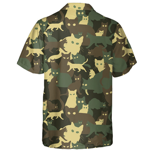 Green Forest Colors Playful Cat Silhouette Camo Pattern Hawaiian Shirt, Hawaiian Shirt Gift, Christmas Gift