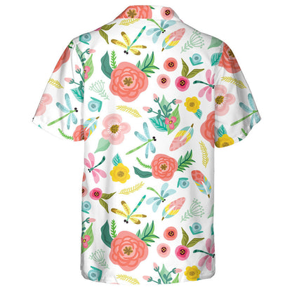 Bright Flying Dragonfly Flowers And Leaves Hawaiian Shirt, Hawaiian For Gift