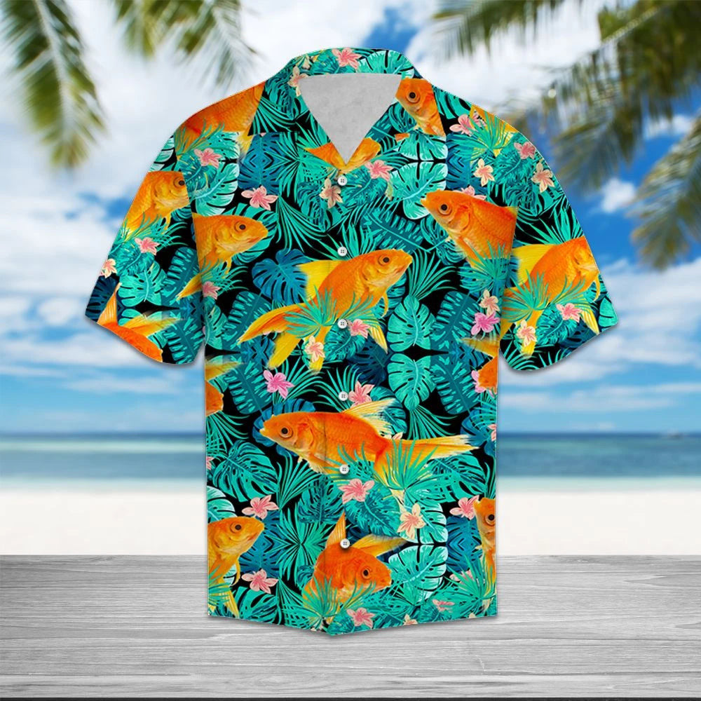 Goldfish With Tropical Leaves And Flowers Hawaiian Shirt,Hawaiian Shirt Gift, Christmas Gift