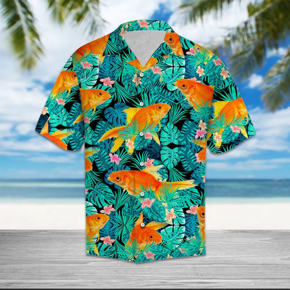 Goldfish With Tropical Leaves And Flowers Hawaiian Shirt,Hawaiian Shirt Gift, Christmas Gift