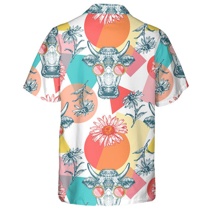 Cartoon Cows Geometric Shapes And Wildflowers Hawaiian Shirt, Hawaiian For Gift