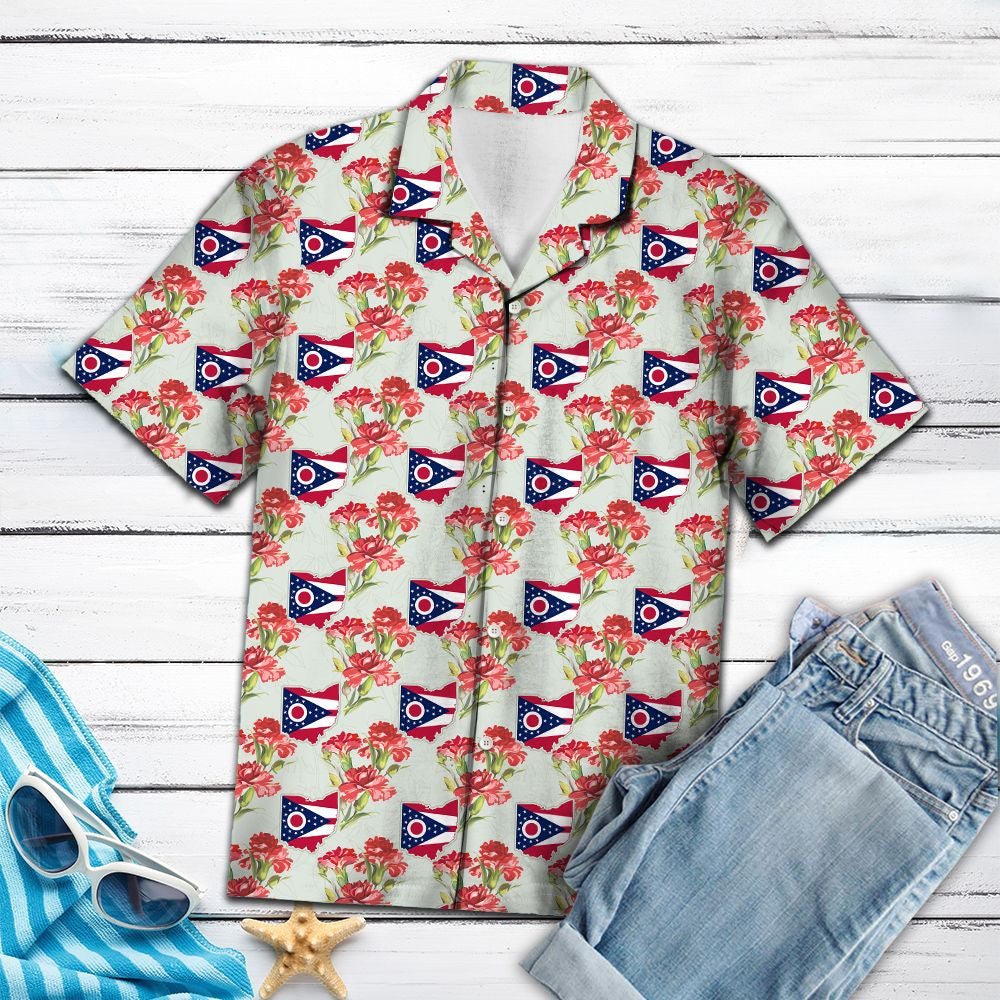 Ohio Flag Red Carnation Outstanding Design Hawaiian Shirt,Hawaiian Shirt Gift, Christmas Gift
