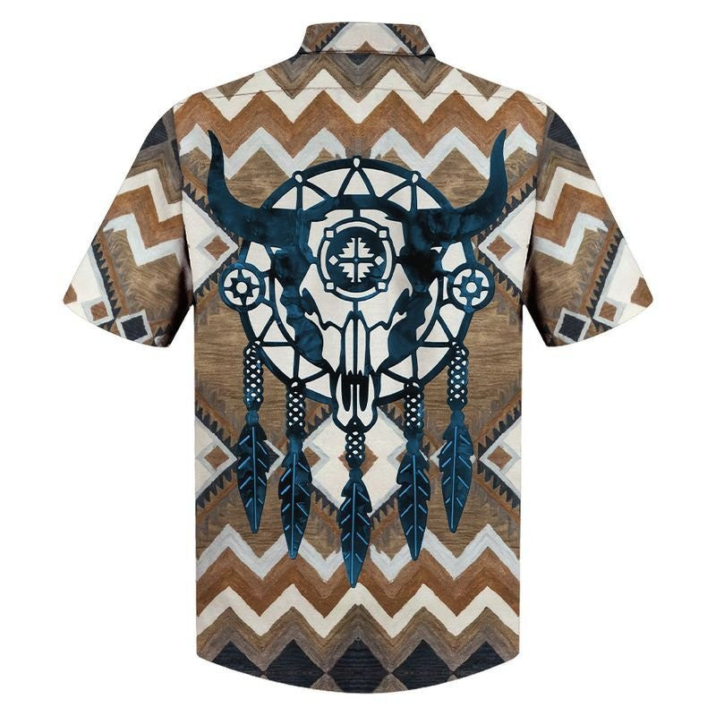 Native American Bull Head With Dreamcatcher Zigzag Pattern Hawaiian Shirt, Hawaiian Shirt Gift, Christmas Gift