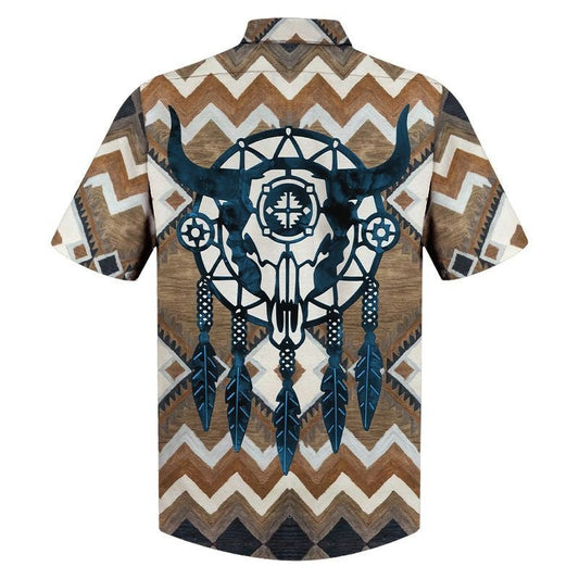 Native American Bull Head With Dreamcatcher Zigzag Pattern Hawaiian Shirt, Hawaiian Shirt Gift, Christmas Gift