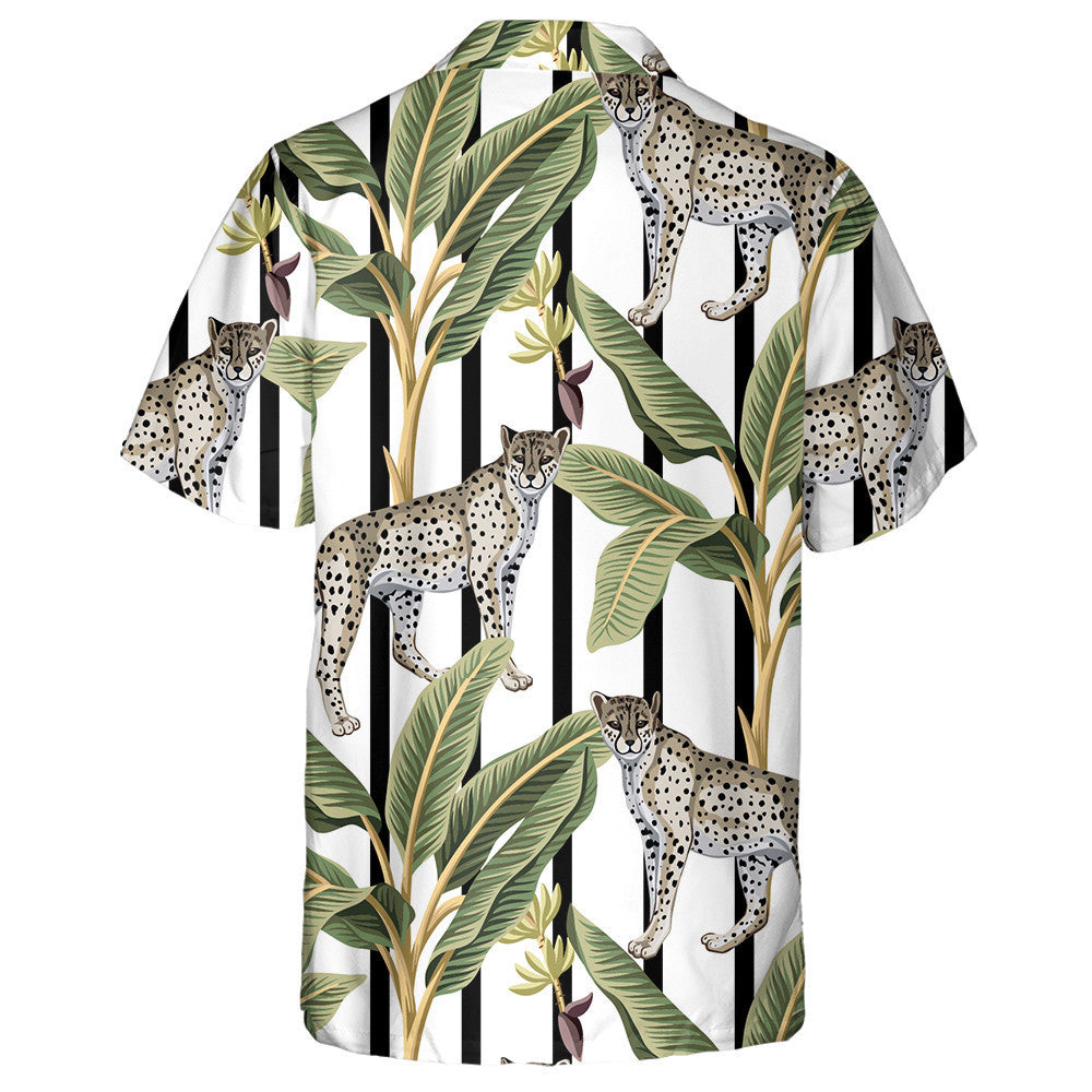 Tropical Banana Trees And Leopard Black And White Striped Hawaiian Shirt, Hawaiian Shirt Gift, Christmas Gift