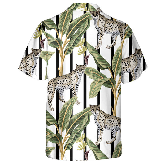 Tropical Banana Trees And Leopard Black And White Striped Hawaiian Shirt, Hawaiian Shirt Gift, Christmas Gift