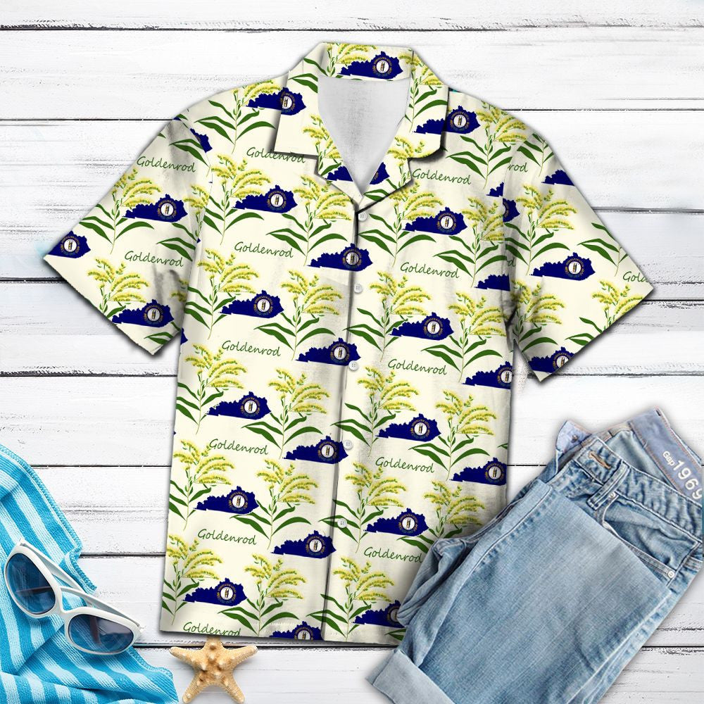 Kentucky Flag With Goldenrod Flower Hawaiian Shirt, Hawaiian For Gift