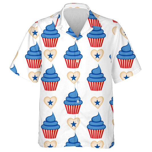 Cupcake And Herts With Stars Pattern Of 4th Of July Hawaiian Shirt, Hawaiian Shirt Gift, Christmas Gift