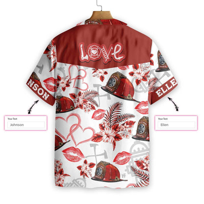 Love Firefighter Valentine Custom Name Hawaiian Shirt, Hawaiian For Gift