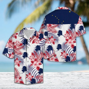 Alaska Flag With Red Hibiscus And Tropical Leaves Hawaiian Shirt, Hawaiian Shirt Gift, Christmas Gift