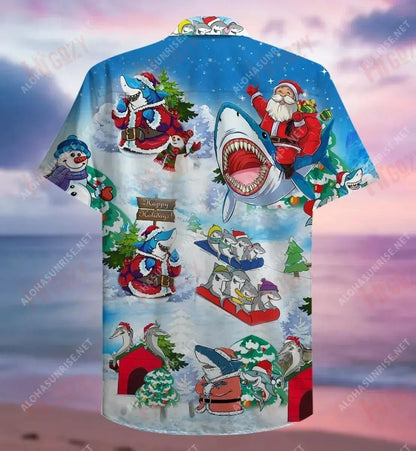 Christmas Shark Short Hawaiian Shirt Summer Short Sleeve Hawaiian Crazy Shirts Hawaiian Shirts For Men, Hawaiian Shirt Gift, Christmas Gift