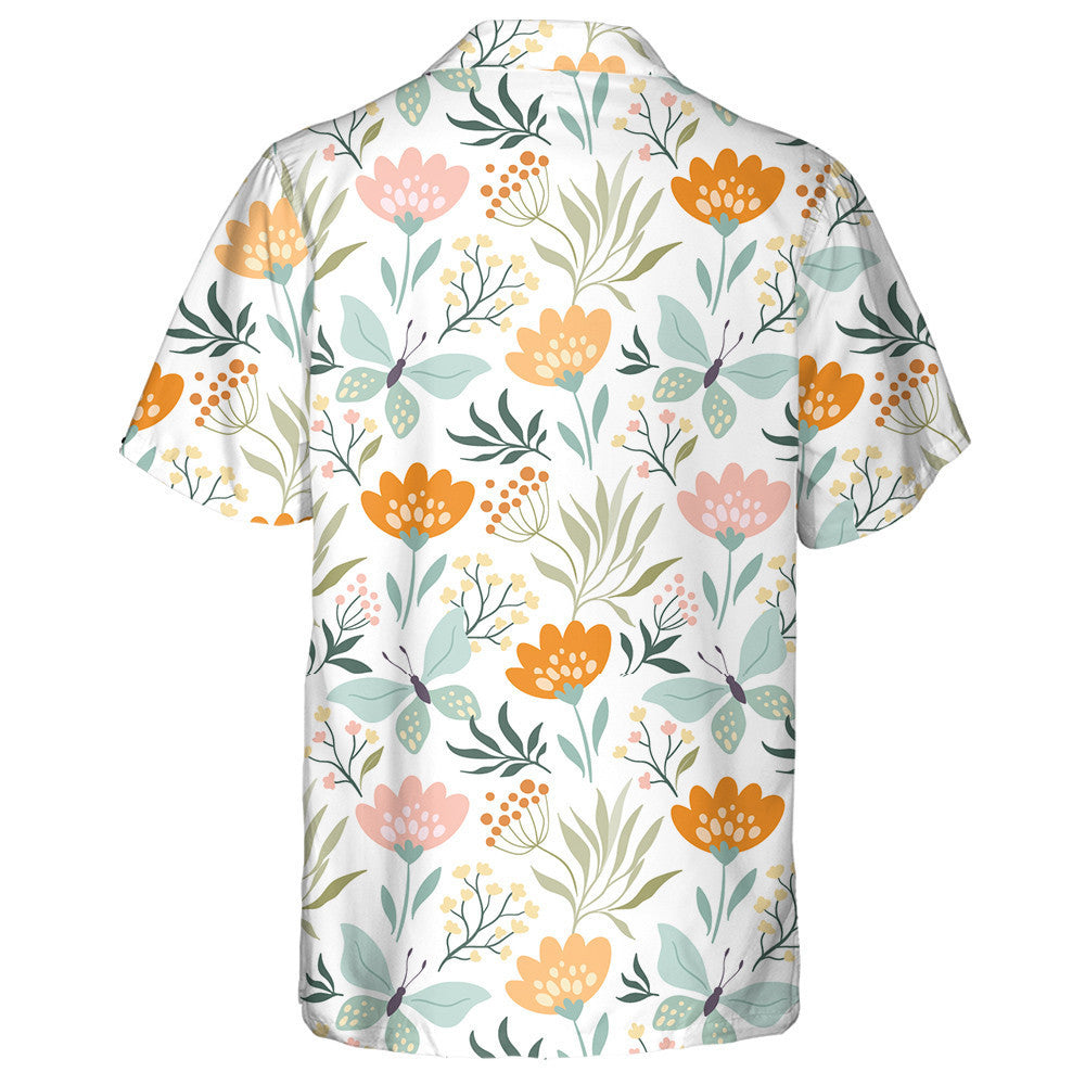 Butterflies And Different Flowers On White Hawaiian Shirt, Hawaiian For Gift