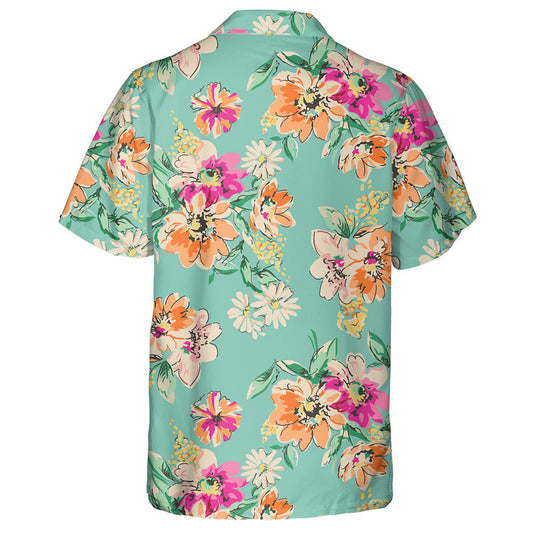 Sketched Beautiful Flower Branches On Turquoise Background Design Hawaiian Shirt, Hawaiian Shirt Gift, Christmas Gift