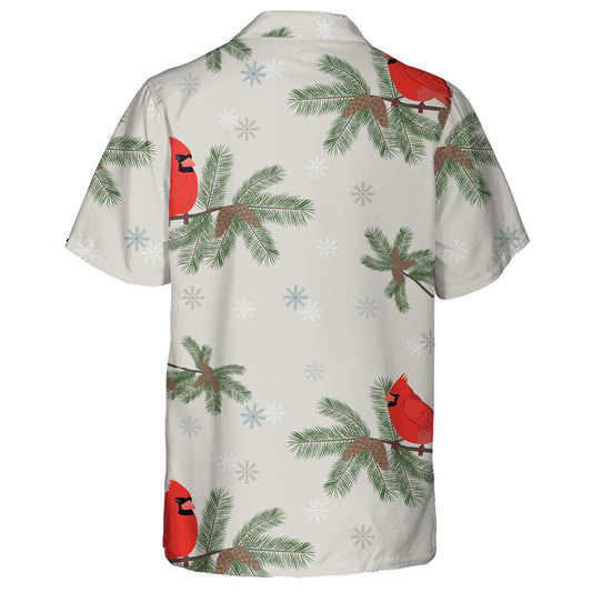 Red Cardinal Bird And Fir Branches On Gray Background Hawaiian Shirt, Hawaiian Shirt Gift, Christmas Gift