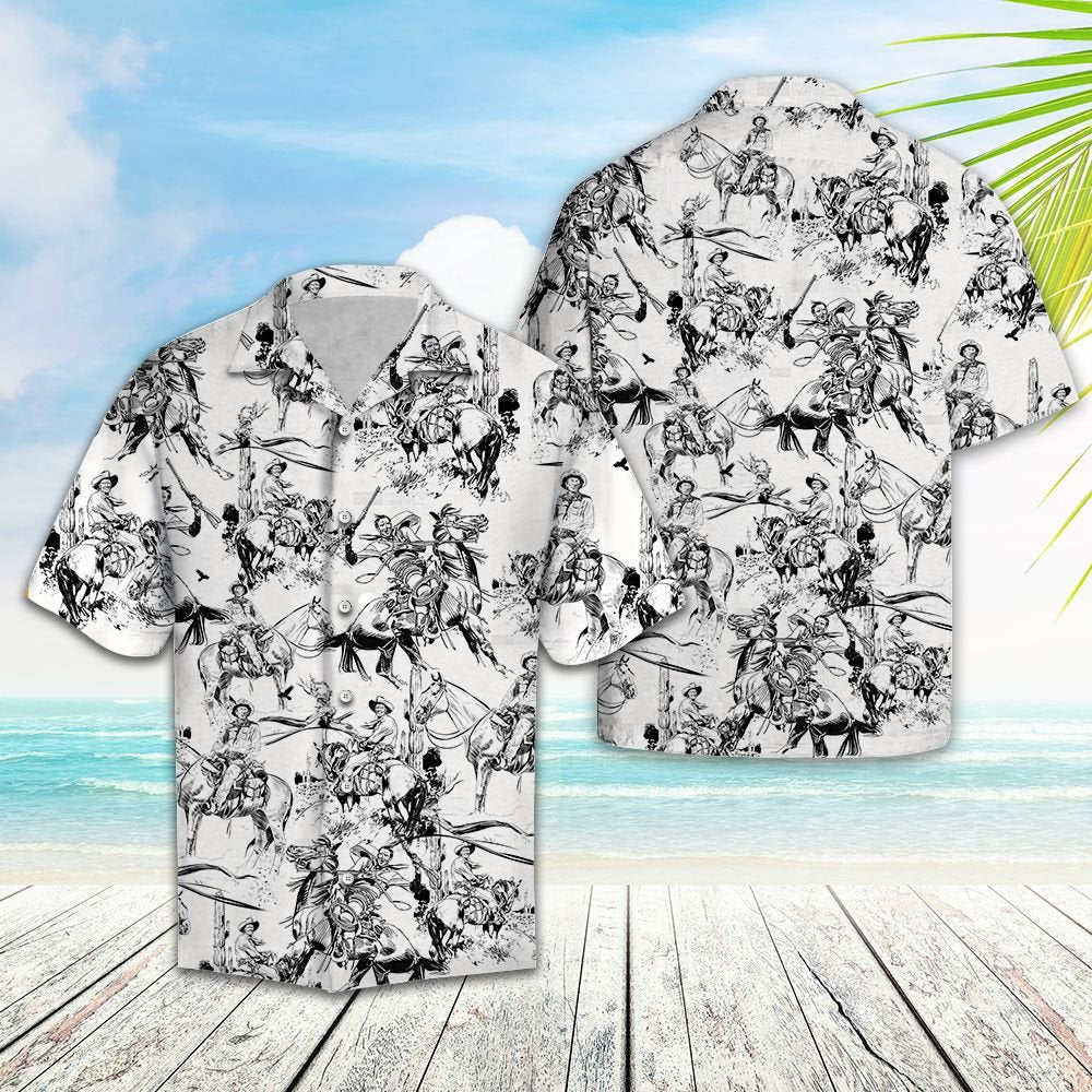 Rodeo Cowboy Black And White Hand Drawn Pattern Hawaiian Shirt, Hawaiian Shirt Gift, Christmas Gift