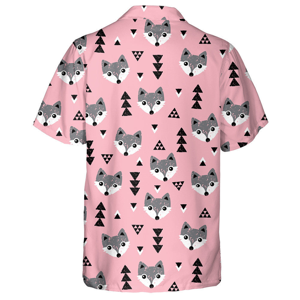 Geometric Baby Fox Kids Woodland Themed Pink Background Hawaiian Shirt, Hawaiian Shirt Gift, Christmas Gift
