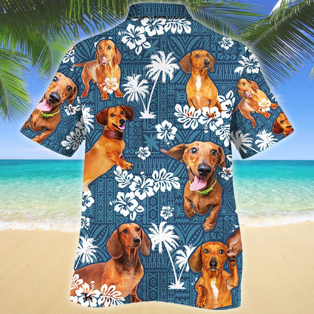 Curious Dachshund Dog Lovers Blue Tribal Pattern Hawaiian Shirt, Hawaiian Shirt Gift, Christmas Gift