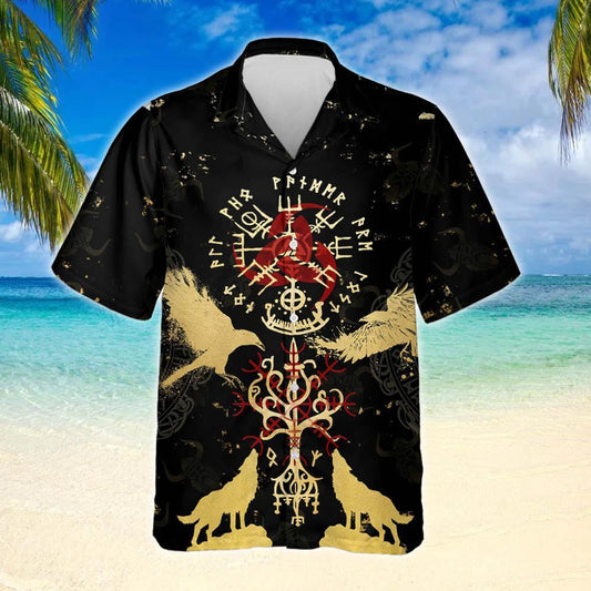 Black Background Viking Vegvisir Yggdrasil Design Hawaiian Shirt,Hawaiian Shirt Gift, Christmas Gift