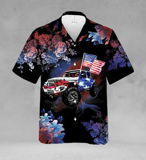 Dark Theme Magical Floral Pattern Jeeps And Flag Hawaiian Shirt, Hawaiian Shirt Gift, Christmas Gift