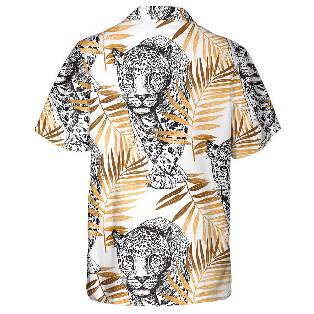 Sketch Of Walking Leopard In Gold Exotic Palm Leaves Hawaiian Shirt, Hawaiian Shirt Gift, Christmas Gift