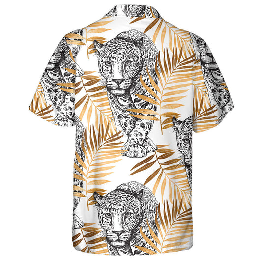 Sketch Of Walking Leopard In Gold Exotic Palm Leaves Hawaiian Shirt, Hawaiian Shirt Gift, Christmas Gift