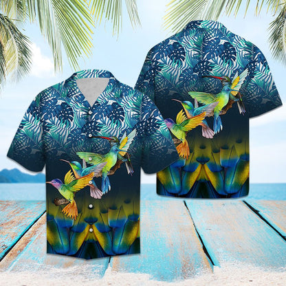 Colorful Hummingbird Blue Leaves In Forest Design Hawaiian Shirt, Hawaiian Shirt Gift, Christmas Gift