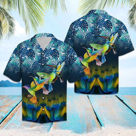 Colorful Hummingbird Blue Leaves In Forest Design Hawaiian Shirt, Hawaiian Shirt Gift, Christmas Gift