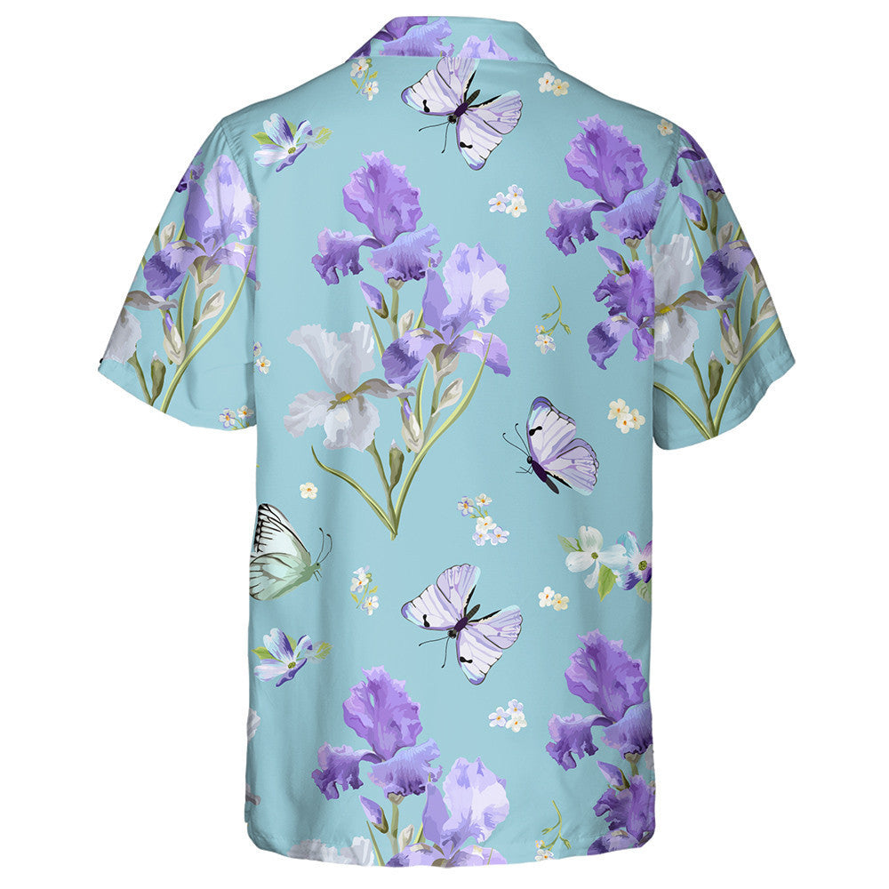 Theme Purple Blooming Iris Flowers And Flying Butterflies Hawaiian Shirt, Hawaiian Shirt Gift, Christmas Gift