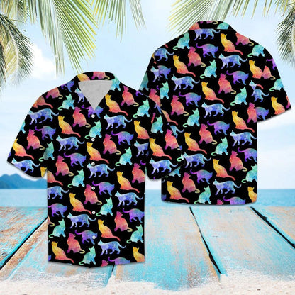 Bright Colorful Cat In Black Hawaiian Shirt, Hawaiian For Gift
