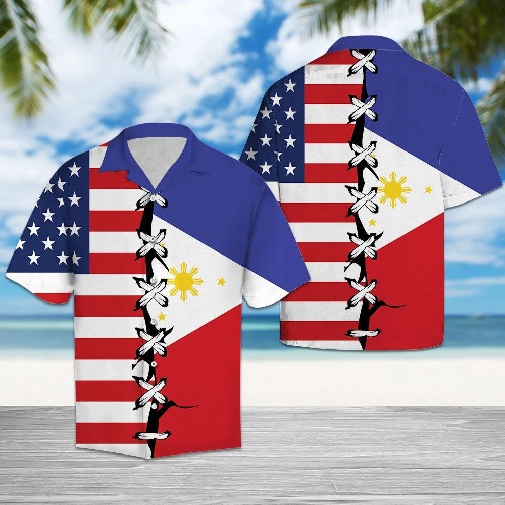 Awesome Flag Of American And Phillippines Root Pattern Hawaiian Shirt, Hawaiian Shirt Gift, Christmas Gift