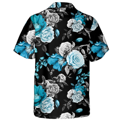 Rose Poppy Pomegranate Flowers Black And Blue Pattern Hawaiian Shirt, Hawaiian Shirt Gift, Christmas Gift