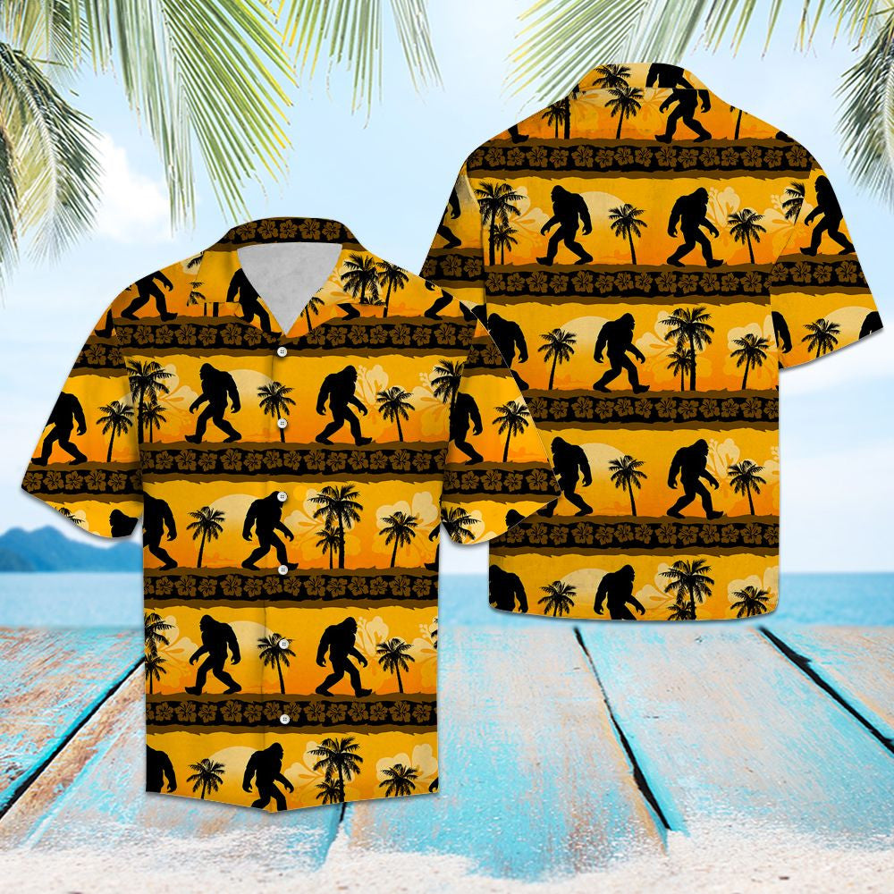 Vintage Black Bigfoot Tropical Frangipani Pattern Hawaiian Shirt,Hawaiian Shirt Gift, Christmas Gift
