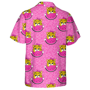 Wild African Leopard Eating Watermelon On A Pink Background Hawaiian Shirt, Hawaiian Shirt Gift, Christmas Gift