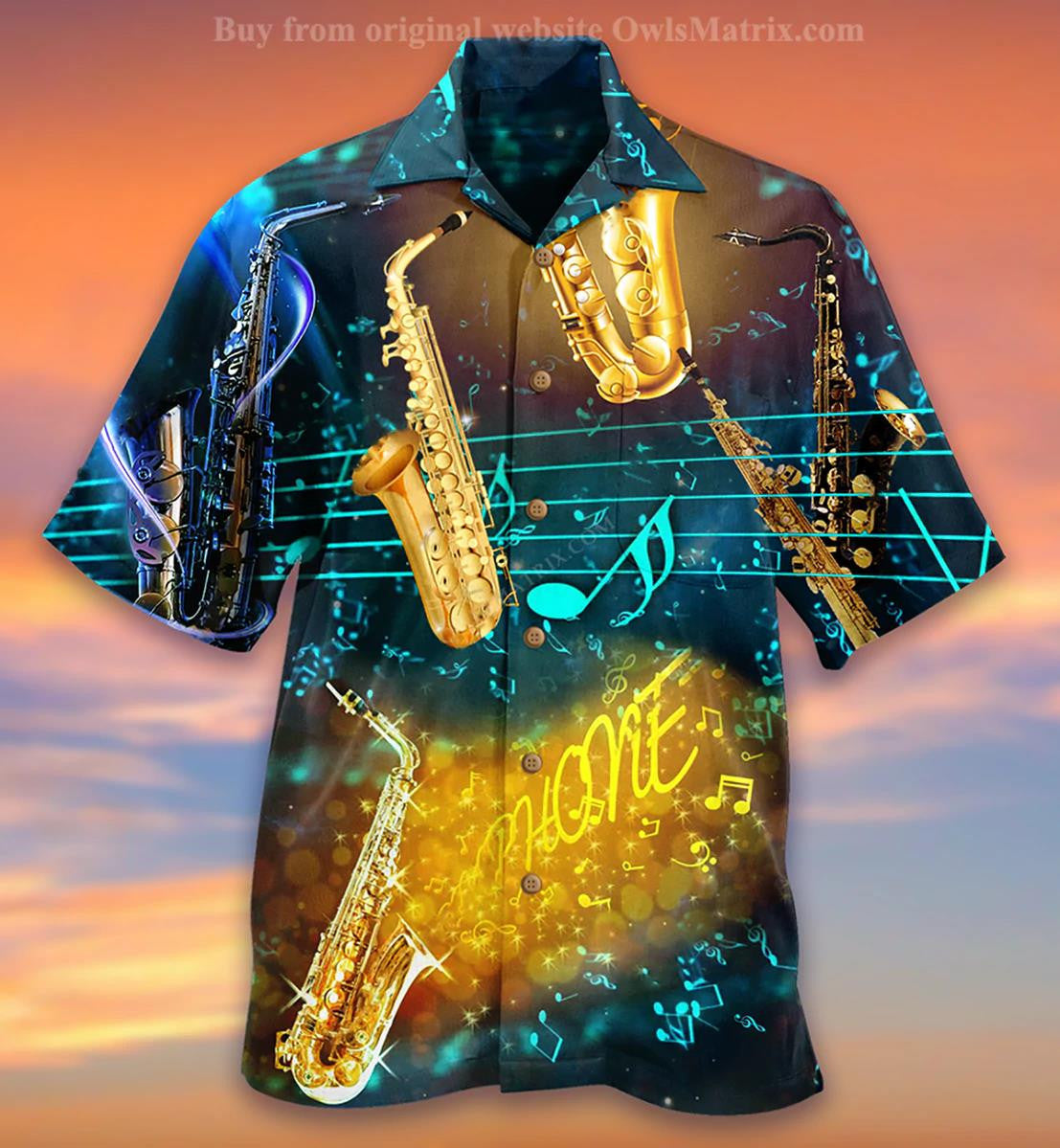 Music All Night Golden Saxophone Flying Notes Pattern Hawaiian Shirt, Hawaiian Shirt Gift, Christmas Gift