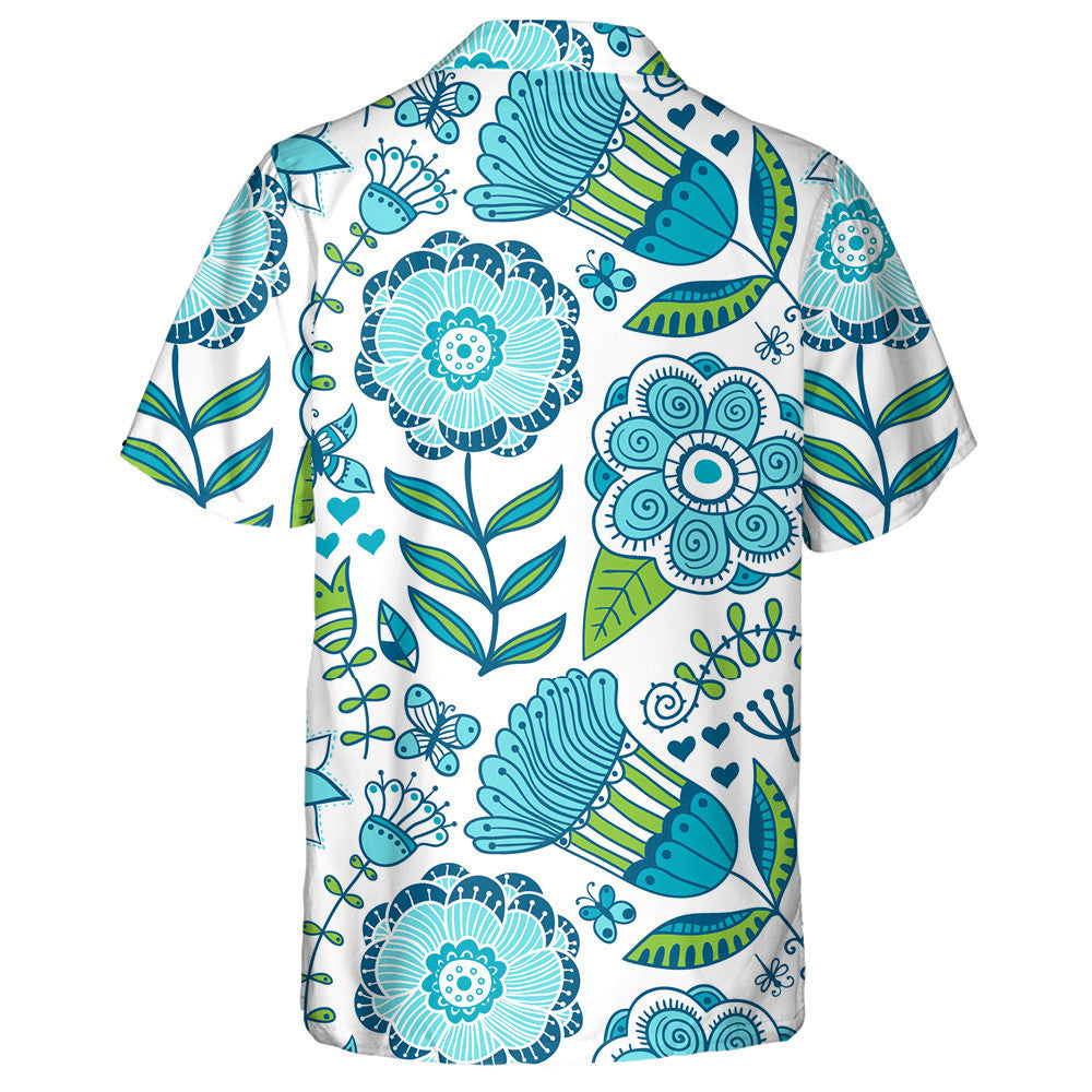 Hand Drawn Tribal Blue Butterfly And Flowers Hawaiian Shirt, Hawaiian Shirt Gift, Christmas Gift