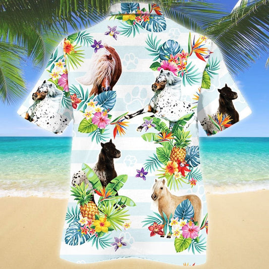 Striped Pattern Miniature Horse Tropical Flower Hawaiian Shirt, Hawaiian Shirt Gift, Christmas Gift