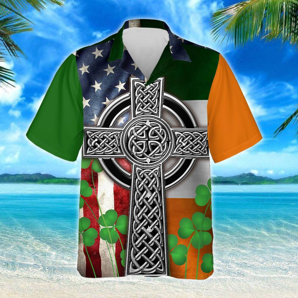 Green Clover The Irish Celtic Cross Design Hawaiian Shirt, Hawaiian Shirt Gift, Christmas Gift