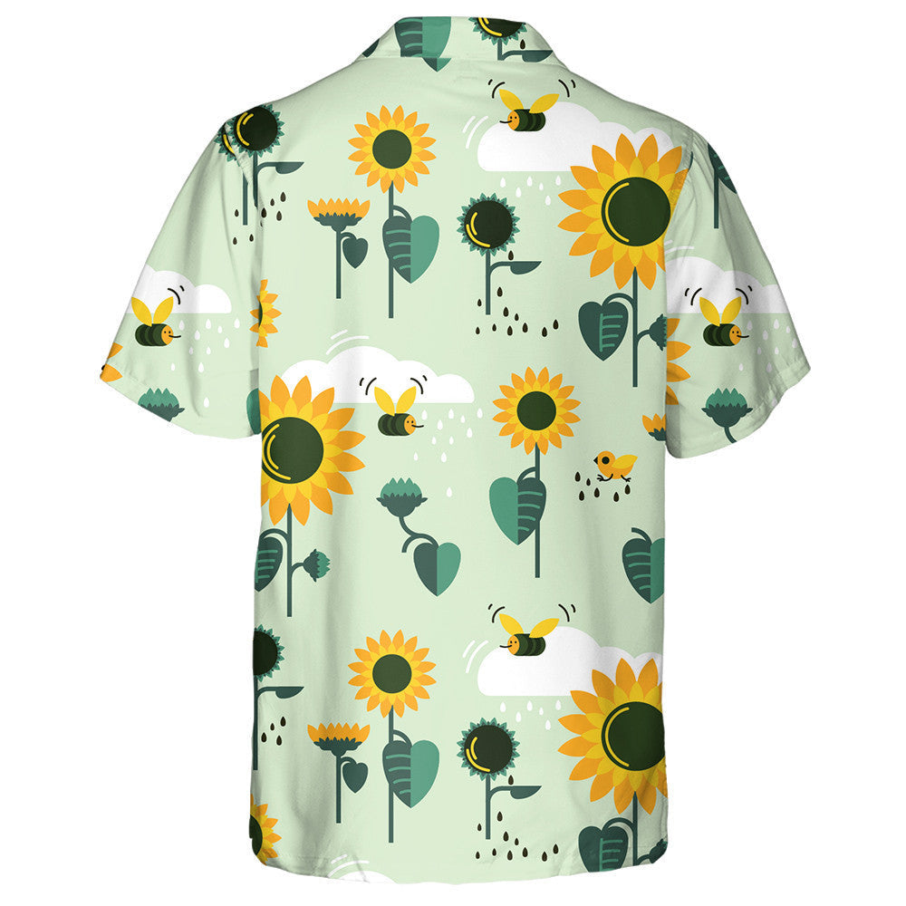 Rainy Day Illustration Of Sunflowers Clouds And Bees Hawaiian Shirt, Hawaiian Shirt Gift, Christmas Gift