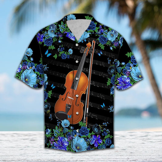 Watercolor Vivid Blue Flower And Violin Pattern Hawaiian Shirt, Hwaiian For Gift