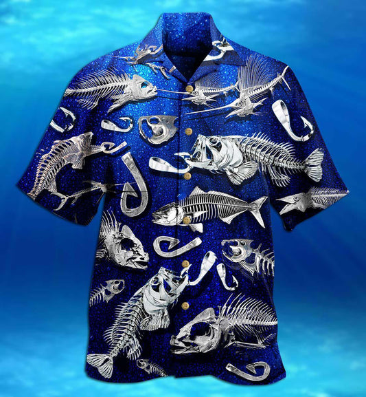 Fishing Fishbone Collection Under Deep Blue Ocean Design Hawaiian Shirt, Hawaiian Shirt Gift, Christmas Gift