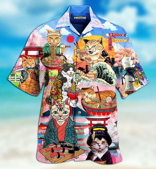 Cats Samurai With Ramen Japanese Culture Hawaiian Shirt, Hawaiian For Gift