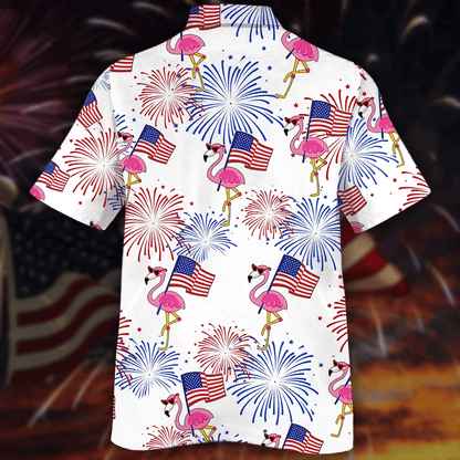 Pretty Flamingo And Flag Red And Blue Firework Hawaiian Shirt, Hawaiian Shirt Gift, Christmas Gift