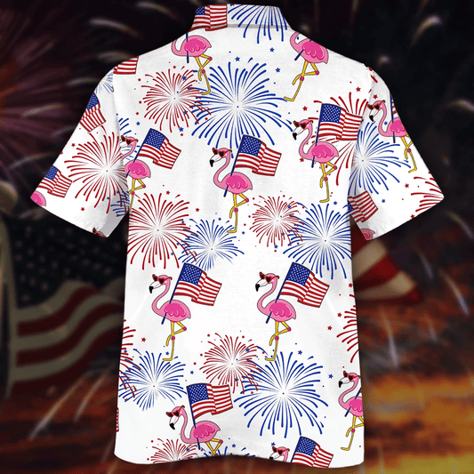 Pretty Flamingo And Flag Red And Blue Firework Hawaiian Shirt, Hawaiian Shirt Gift, Christmas Gift