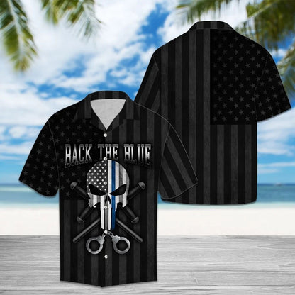 Hawaiian Shirt Black And Gray American Flag Back The Blue, Hawaiian Shirt Gift, Christmas Gift
