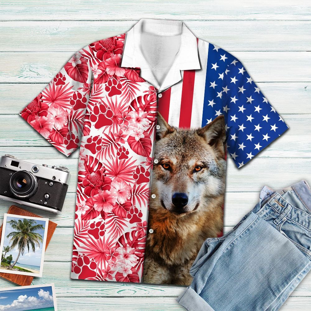 Portrait Of Wolf Usa And Tropical Red Plant Pattern Hawaiian Shirt, Hawaiian Shirt Gift, Christmas Gift