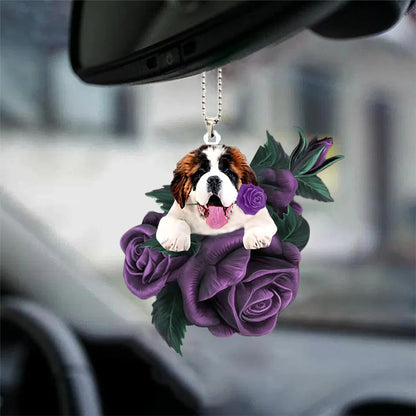 Saint Bernard In Purple Rose Car Hanging Ornament, Christmas Decoration
