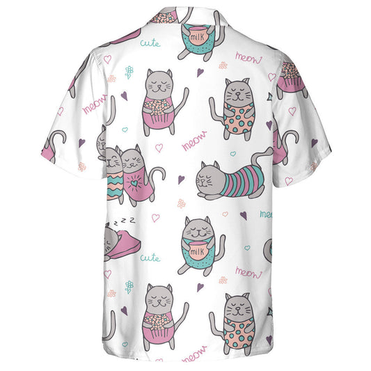 Cartoon Hand Drawn Grey Cats On White Background Hawaiian Shirt, Hawaiian Shirt Gift, Christmas Gift